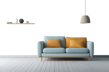 Modern living room with blue sofa yellow cushions and pendant lamp isolated on transparent background