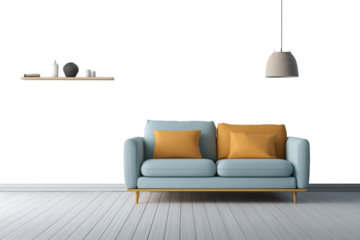 Modern living room with blue sofa yellow cushions and pendant lamp isolated on transparent background