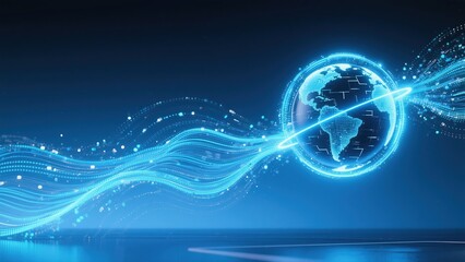 Obraz premium Particles surround the technological earth, holographic projection effect, futuristic technological feel kv background