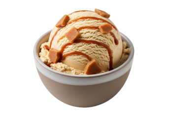 A creamy scoop of caramel ice cream, adorned with caramel sauce and toffee pieces, is presented in a light beige bowl.