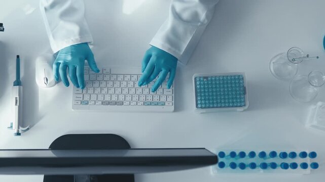 A scientist in a white lab coat analyzes data with a keyboard, pipette, and advanced lab instruments, highlighting the importance of precision and innovation in laboratory research