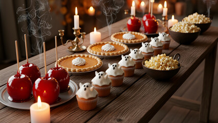 Festive Halloween treats: caramel apples, pumpkin pie, ghost cupcakes, and popcorn displayed on a wooden table.