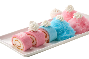 Pink stir fried ice cream rolls with blue cotton delight