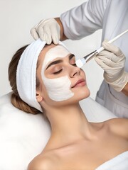Cosmetologist applying facial mask on young woman