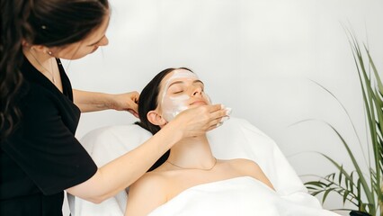 Cosmetologist applying facial mask on young woman