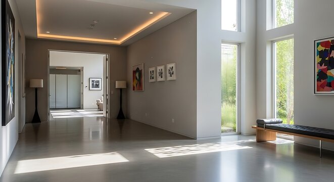 Serene architectural entryway features artful design with abundant sunlight
