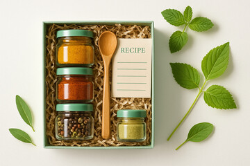 Gourmet Spice and Herb Gift Set with Recipe Card and Wooden Spoon on White Background