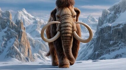 Woolly Mammoth in Snowy Landscape: A majestic woolly mammoth strides confidently across a snow-covered landscape, its massive frame contrasting against the towering.