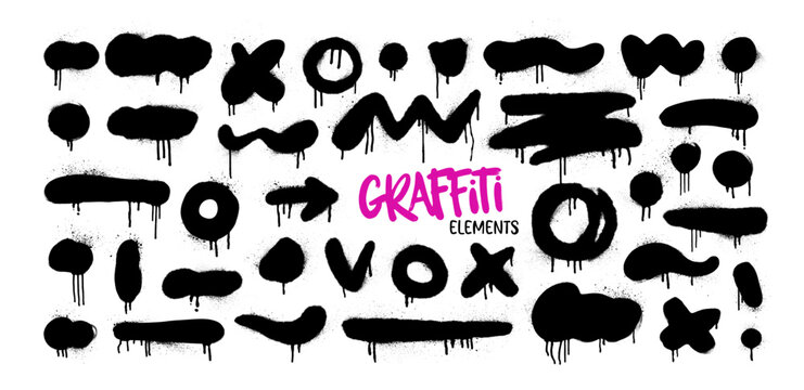 Spraypaint graffiti element set. Urban street art grunge brush stroke, dot, arrow and smears with drips and splatters. Dirty messy airy ink stroks, circles and blots. Vandal graphic elements.