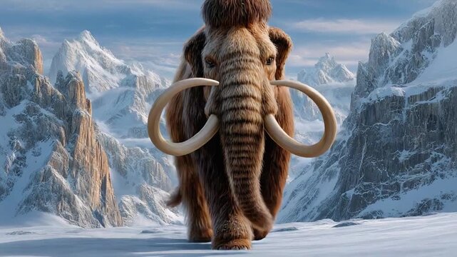 Woolly Mammoth in Snowy Landscape: A majestic woolly mammoth strides confidently across a snow-covered landscape, its massive frame contrasting against the towering.