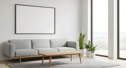 Minimalist living room interior with a blank frame on the wall for mockup