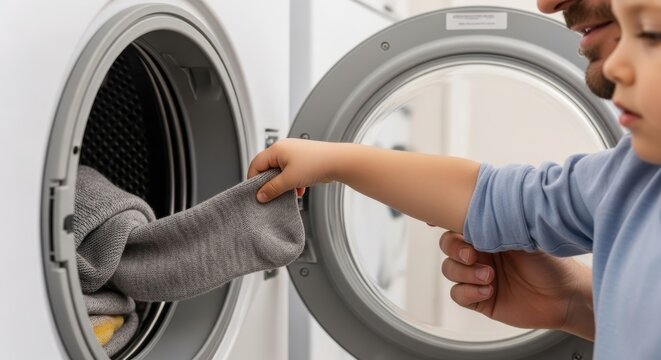 Young caucasian male child and father loading clothes into washer