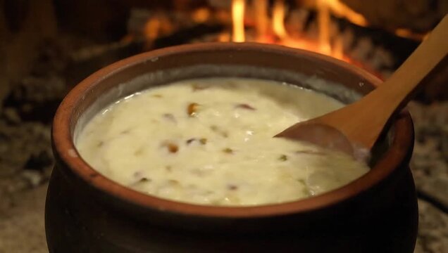 bubbling pot of pistachio kheer cooked over open fire