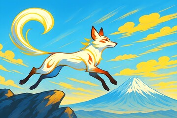 Leaping White Fox Spirit &ndash; Mythical Guardian with Mount Fuji & Golden Clouds