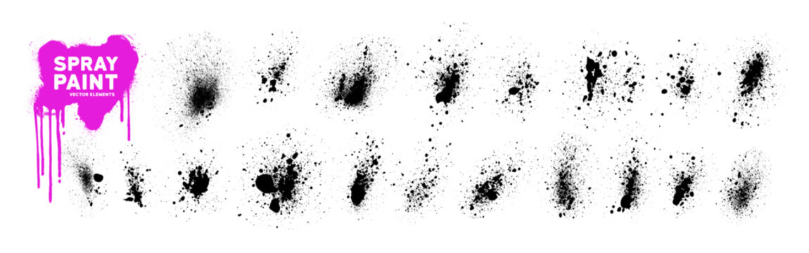Grunge graffiti spray paint splashes and drops. Spraypaint mud effect. Street art and urban style splatter paint. Punk grunge aerosol effect vector elements. Splash and drip dissolve texture design.