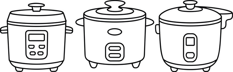 Set of rice cooker vector illustrations, electric kitchen appliance icons, modern household cooking device design, simple line style kitchen equipment collection, outline