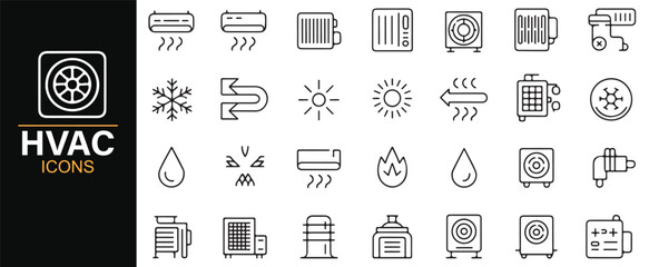 Editable stroke HVAC icons – temperature control, heating, cooling, and ventilation equipment pack