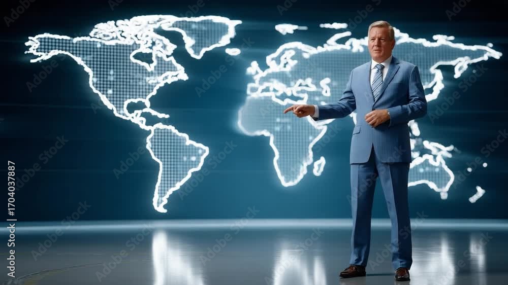 Aufkleber global insights: a distinguished presenter stands confidently before a mesmerizing digital world map