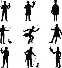 Obraz premium Silhouette collection of magician performing tricks with magic wand and rabbit, vintage illusionist vector set, stage performance, magical show, entertainment design icons