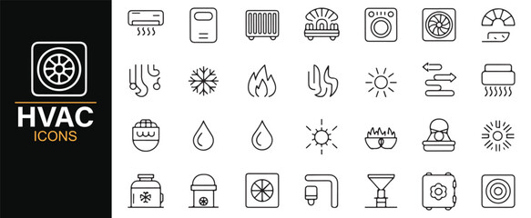 Vector HVAC icons – air conditioner, radiator, thermostat, fan, ventilation, snowflake, and heating pack