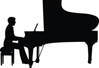 Silhouette illustration of a pianist playing grand piano, classical music performance, elegant concert scene, artistic musician, cultural creativity, entertainment, musical expression