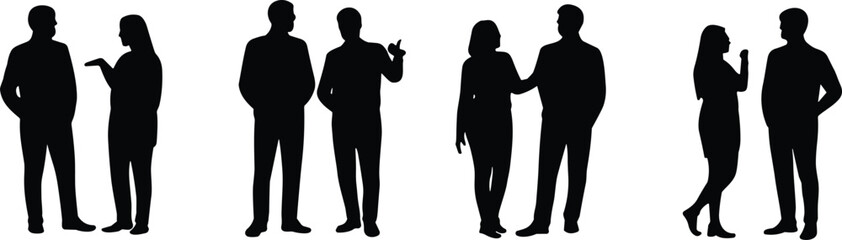 Silhouette illustration of business people standing and talking in pairs, communication teamwork concept, professional discussion vector design, workplace interaction, corporate collaboration graphic