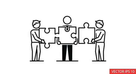 Teamwork illustration showing three people holding puzzle pieces, representing collaboration, problemsolving, and unity in business