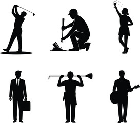 Silhouette illustration of diverse people in different activities including sports, work, celebration, business, construction, fitness, and music performance vector design