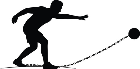 Silhouette illustration of man chained with ball, prisoner concept, restriction symbol, freedom struggle design, oppression metaphor, slavery vector art illustration