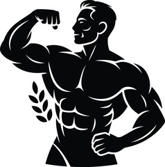 Fototapeta premium Silhouette illustration of muscular bodybuilder flexing biceps with strong chest and abs, fitness training vector artwork for gym, health, power, and bodybuilding design