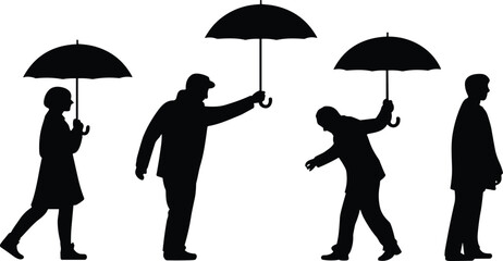 Silhouette illustration of people with umbrellas in different poses, walking, standing, holding umbrella, business concept, rainy weather, teamwork, support, vector design