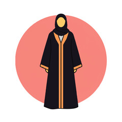 Stylized illustration of a faceless woman wearing a traditional black abaya and hijab with golden trim.