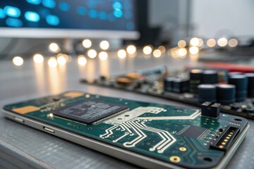 Macro shot of smartphone motherboard with glowing circuit lines