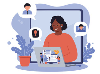 Cartoon vector illustration of a worker boy and people with computer and phone for business work