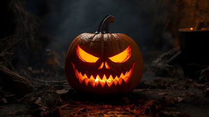 Creepy glowing jack o'lantern on the ground in a dark and spooky forest