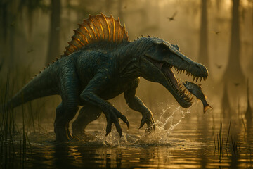 Fototapeta premium Spinosaurus in the swamp hunting for fish.