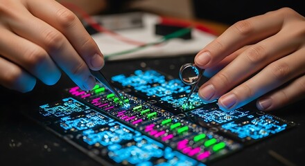 Fototapeta premium Detailed precision work on complex circuit boards, digital technology