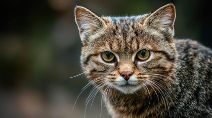 A wildcat with a striped coat and piercing eyes, looking directly at the camera.