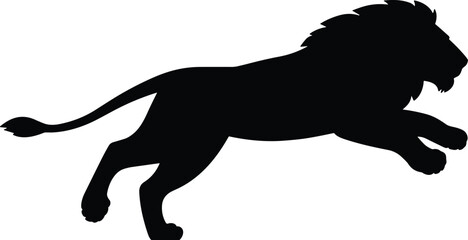 Silhouette vector illustration of a powerful lion in mid-jump, wildlife predator artwork, strong animal symbol, majestic beast design for logo and decoration