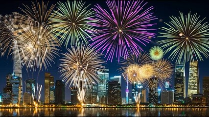City Skyline Spectacle: An extraordinary display of fireworks paints the night sky above a majestic cityscape, illuminating the towering buildings and creating a dazzling panorama of lights and color.
