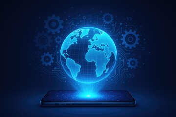 Blue Holographic Earth and Gears Projecting from a Smartphone on a Dark Digital Network technology globe