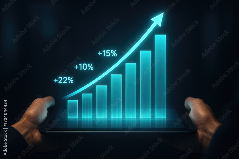 Poster close-up of hands holding a tablet with a blue bar graph showing percentage increases and an upward 