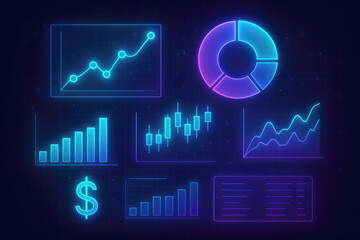 Collection of glowing neon financial charts and graphs on dark background finance data