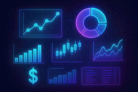 Collection of glowing neon financial charts and graphs on dark background finance data