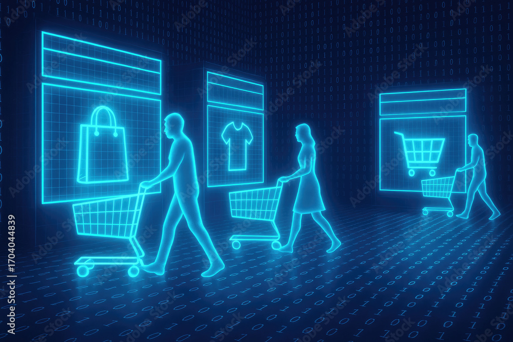 Fototapete consumers with shopping carts in a digital environment featuring product icons and binary code