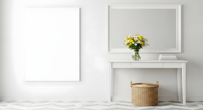 Elegant minimalist home decor featuring blank canvas mockup and mirror