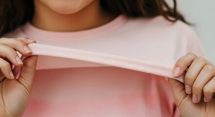 Female teen with brown hair stretching pink t-shirt fabric close-up