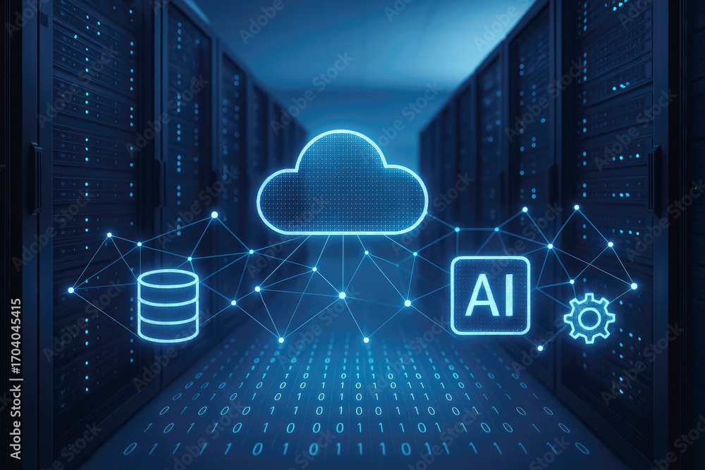Fototapete digital cloud computing network with ai and database icons in a server room data center technology