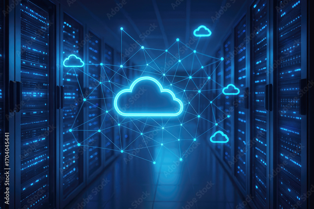 Fototapete digital cloud network connecting glowing server racks in a dark data center cloud computing technolo