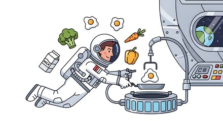 Astronaut cooks breakfast in space station overlooking Earth